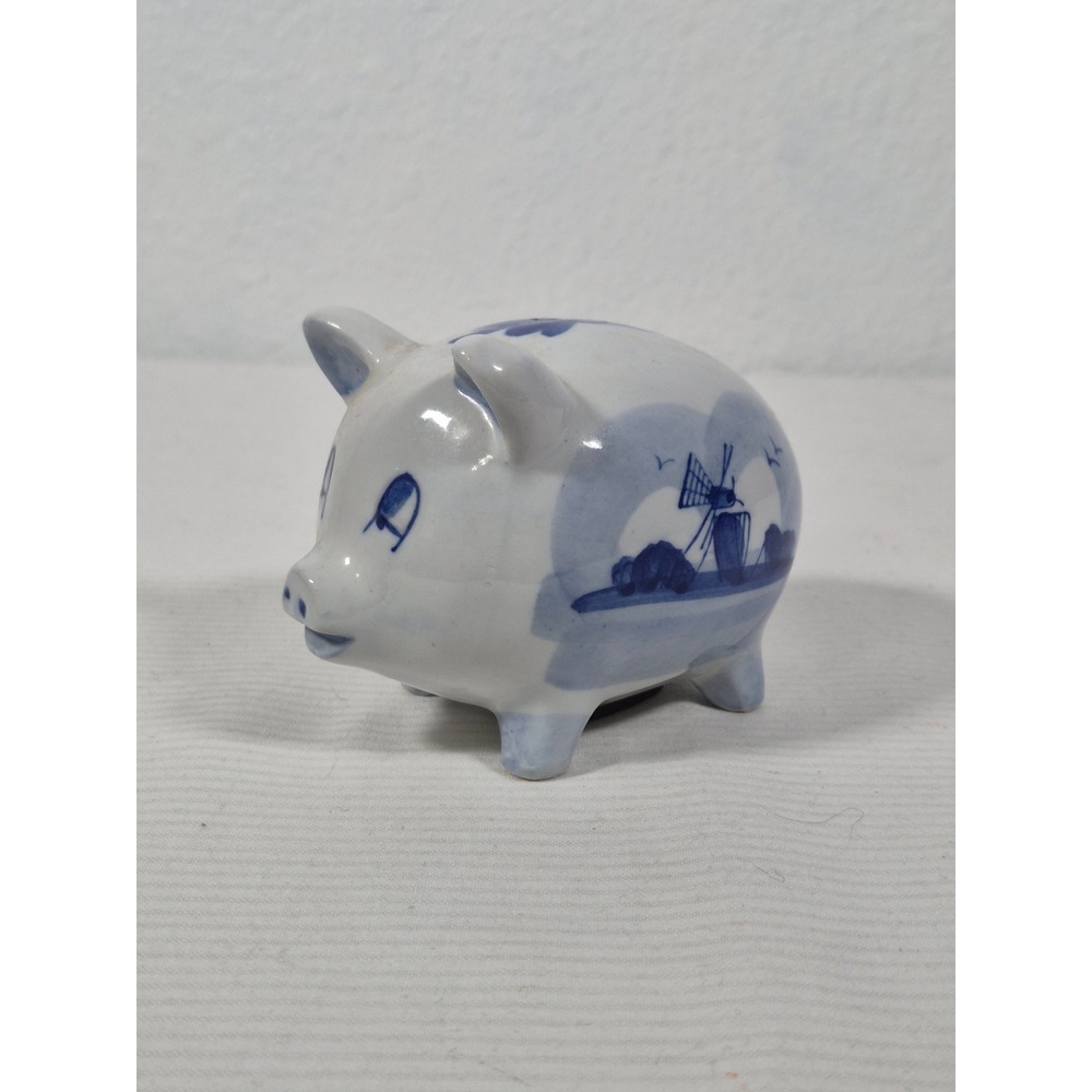 Vintage Delft Blue Ceramic Piggy Bank Hand Painted Windmill Floral Dutch Pottery